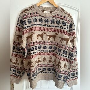 New J Crew Fair Isle Lamb’s Wool Men's Beige Dog Themed Patterned Sweater